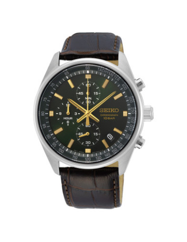 Reloj Seiko SSB385P1 cronógrafo verde con correa de piel marrón, vista principal - Imagen 1