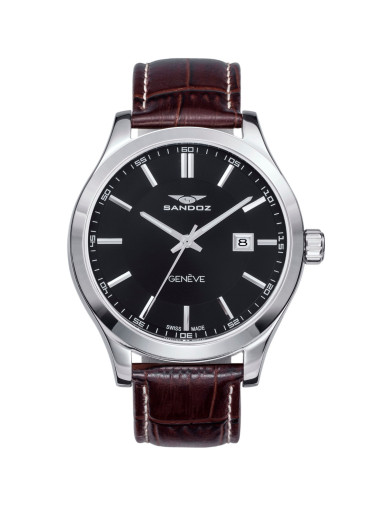 Reloj Sandoz 81377-57 con esfera negra y correa de piel marrón, vista frontal - Imagen 1