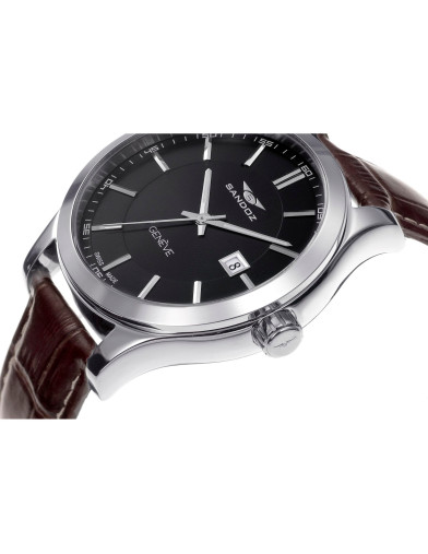 Reloj Sandoz 81377-57 con esfera negra y correa de piel marrón, vista frontal - Imagen 2