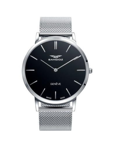Reloj Sandoz 81445-57 con esfera negra y malla milanesa de acero, vista frontal - Imagen 1