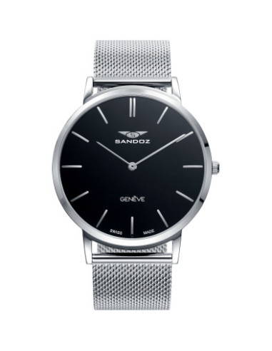 Reloj Sandoz 81445-57 con esfera negra y malla milanesa de acero, vista frontal - Imagen 1