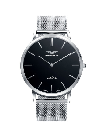 Reloj Sandoz 81445-57 con esfera negra y malla milanesa de acero, vista frontal - Imagen 1