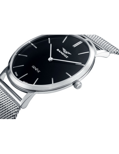 Reloj Sandoz 81445-57 con esfera negra y malla milanesa de acero, vista frontal - Imagen 2