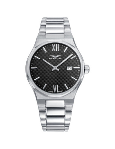 Reloj Sandoz 83013-53 con esfera negra y brazalete de acero, vista frontal - Imagen 1