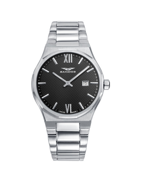 Reloj Sandoz 83013-53 con esfera negra y brazalete de acero, vista frontal - Imagen 1