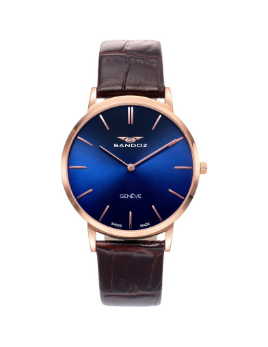 Reloj Sandoz 81429-37 con esfera azul y correa de piel marrón, vista frontal - Imagen 1