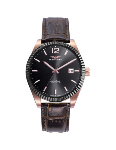 Reloj Sandoz 81523-55 con esfera negra y correa de piel marrón, vista frontal - Imagen 1