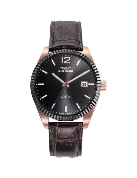 Reloj Sandoz 81523-55 con esfera negra y correa de piel marrón, vista frontal - Imagen 1
