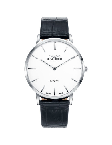 Reloj Sandoz 81429-07 con esfera blanca y correa de piel negra, vista frontal - Imagen 1