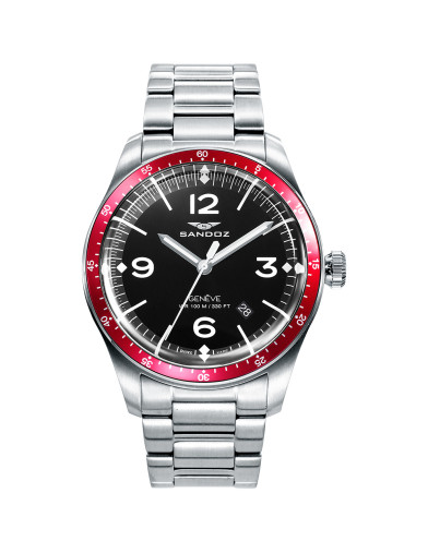 Reloj Sandoz 81501-54 negro con bisel rojo y brazalete de acero, vista frontal - Imagen 1