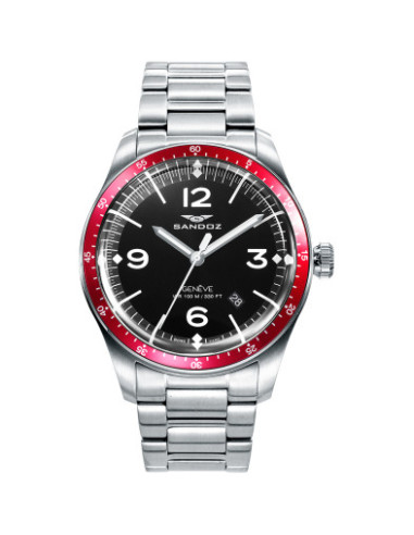 Reloj Sandoz 81501-54 negro con bisel rojo y brazalete de acero, vista frontal - Imagen 1
