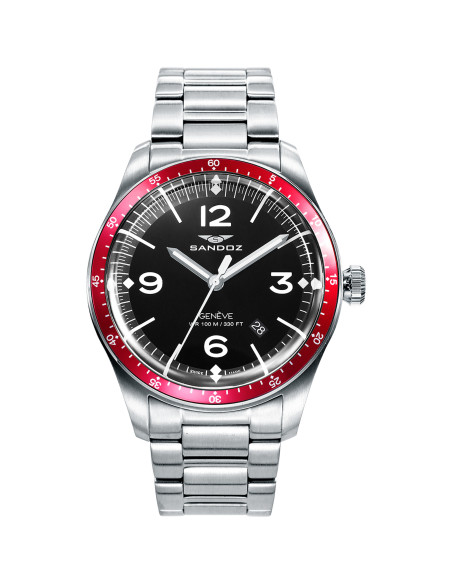 Reloj Sandoz 81501-54 negro con bisel rojo y brazalete de acero, vista frontal - Imagen 1