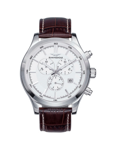 Reloj Sandoz 81381-87 cronógrafo con esfera blanca y correa de piel marrón, vista frontal - Imagen 1