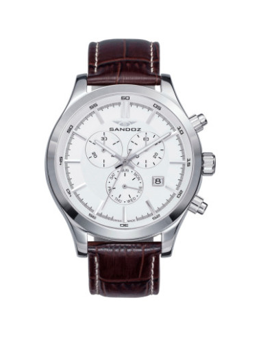Reloj Sandoz 81381-87 cronógrafo con esfera blanca y correa de piel marrón, vista frontal - Imagen 1