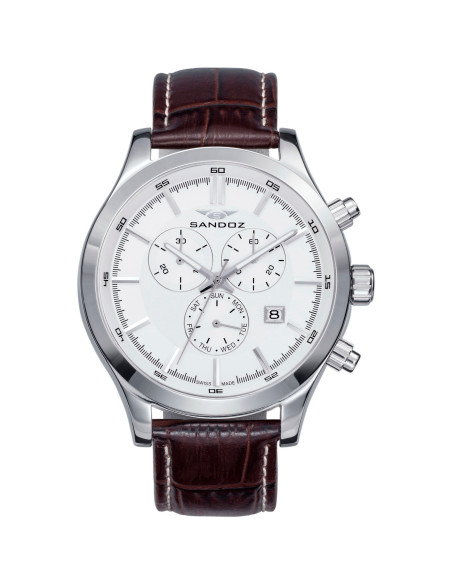 Reloj Sandoz 81381-87 cronógrafo con esfera blanca y correa de piel marrón, vista frontal - Imagen 1