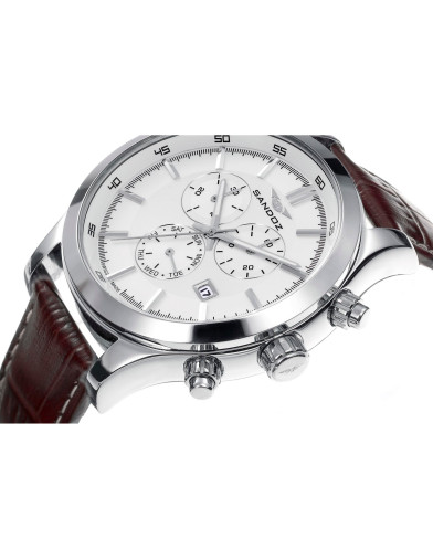 Reloj Sandoz 81381-87 cronógrafo con esfera blanca y correa de piel marrón, vista frontal - Imagen 2