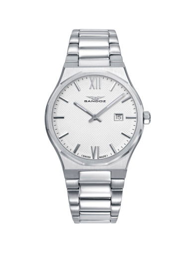 Reloj Sandoz 83013-03 con esfera blanca y brazalete de acero plateado, vista frontal - Imagen 1