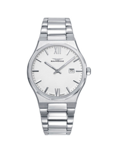 Reloj Sandoz 83013-03 con esfera blanca y brazalete de acero plateado, vista frontal - Imagen 1